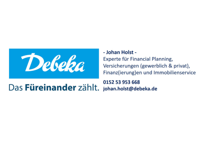 Logo Debeka - das Füreinander zählt. Johan Holst - Experte für Financial Planing.